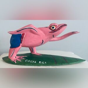 HAND CARVED AND PAINTED WOODEN SURFING FROG FROM COSTA RICA
